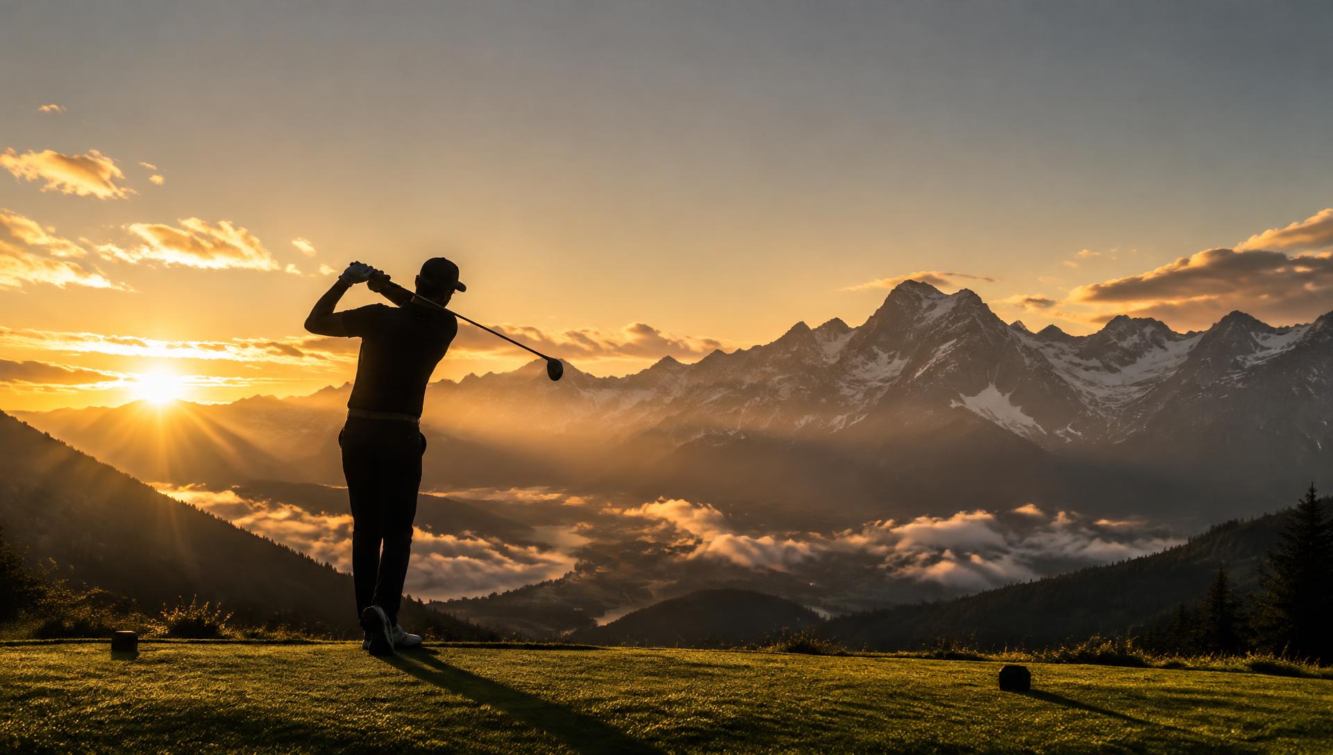Golfer mid-swing before a mountain range at sunrise
